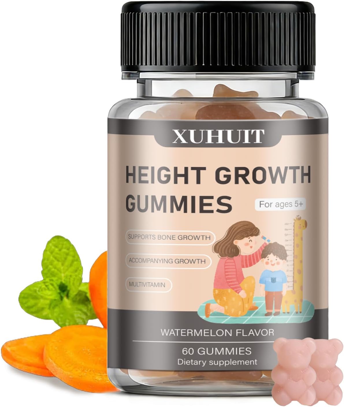 Growth Support Gummies for Kids, Teens & Adults | with Vitamin D3, K2, Calcium & Ashwagandha | Watermelon Flavor for Daily Nutrition (1)