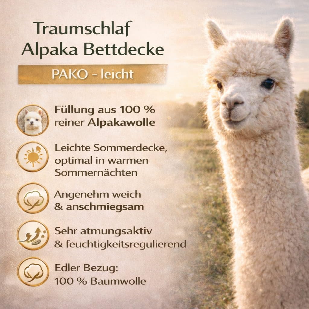 Traumschlaf Alpaka Bettdecke • Extra leichte Sommerbettdecke mit 100 % Alpakawolle • Hochwertige Naturdecke • Atmungsaktiv & temperaturausgleichend • Für Allergiker geeignet • 135x200 cm
