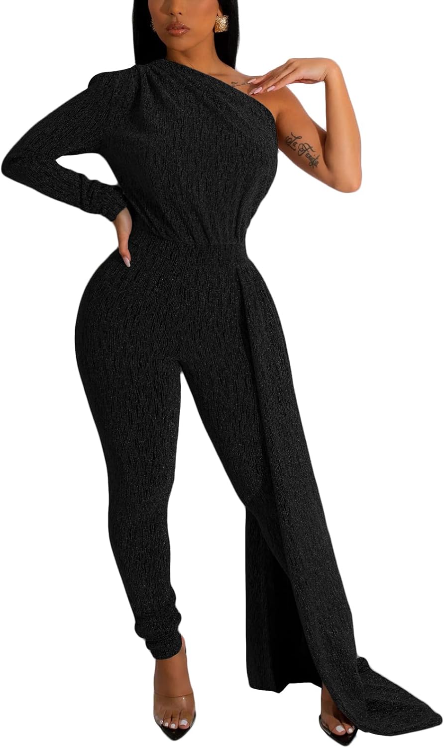 Women's Sexy Sparkly One Shoulder Long Sleeve Bodycon Jumpsuits Stretchy Long Pants Clubwear Party Rompers With Belt Rope - Image 2