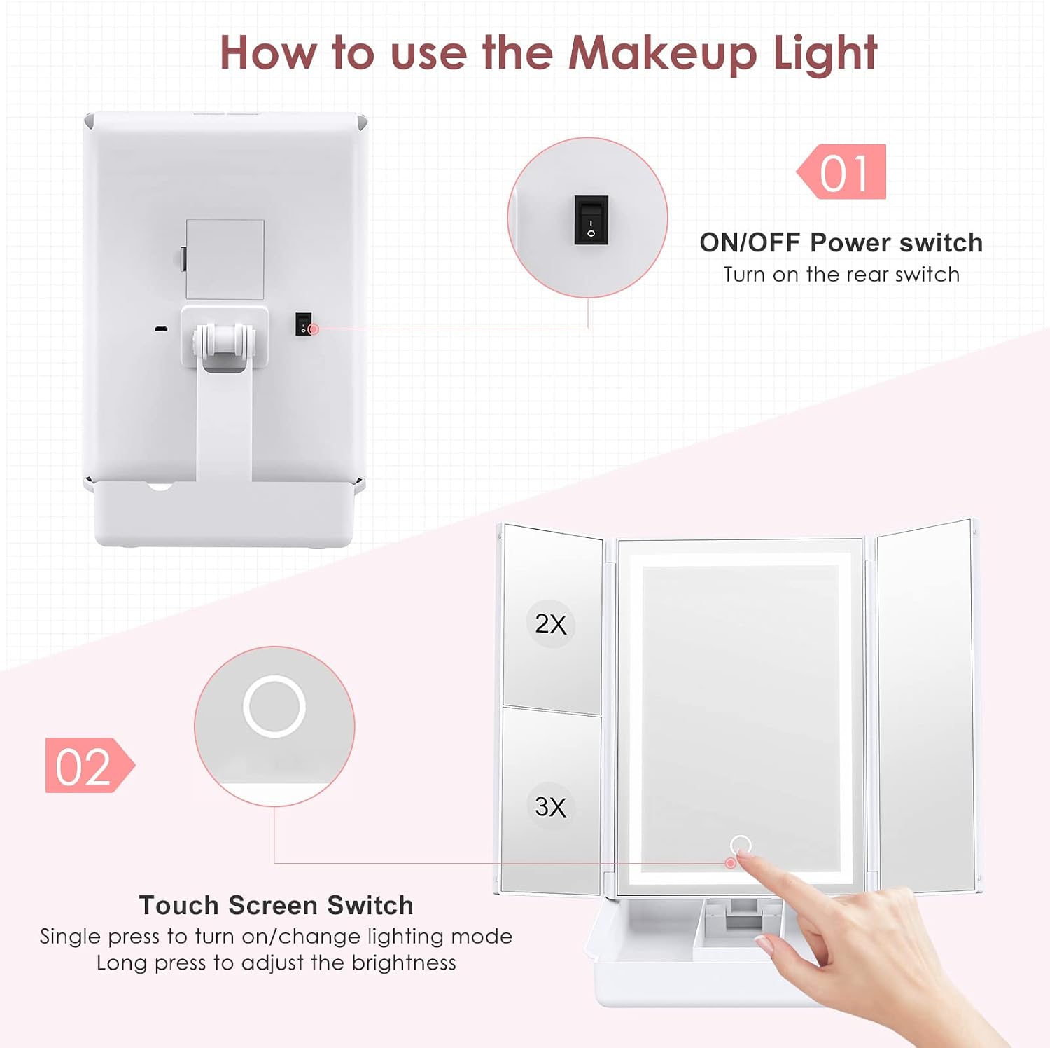 Makeup Vanity Mirror with Lights, Touch Screen Mirrors with 3 LED Colors, Portable Adjustable Brightness and Color, Magnification 1X / 2X / 3X Rotate 270 ° Cosmetic Mirror with Box, Dual Power Supply