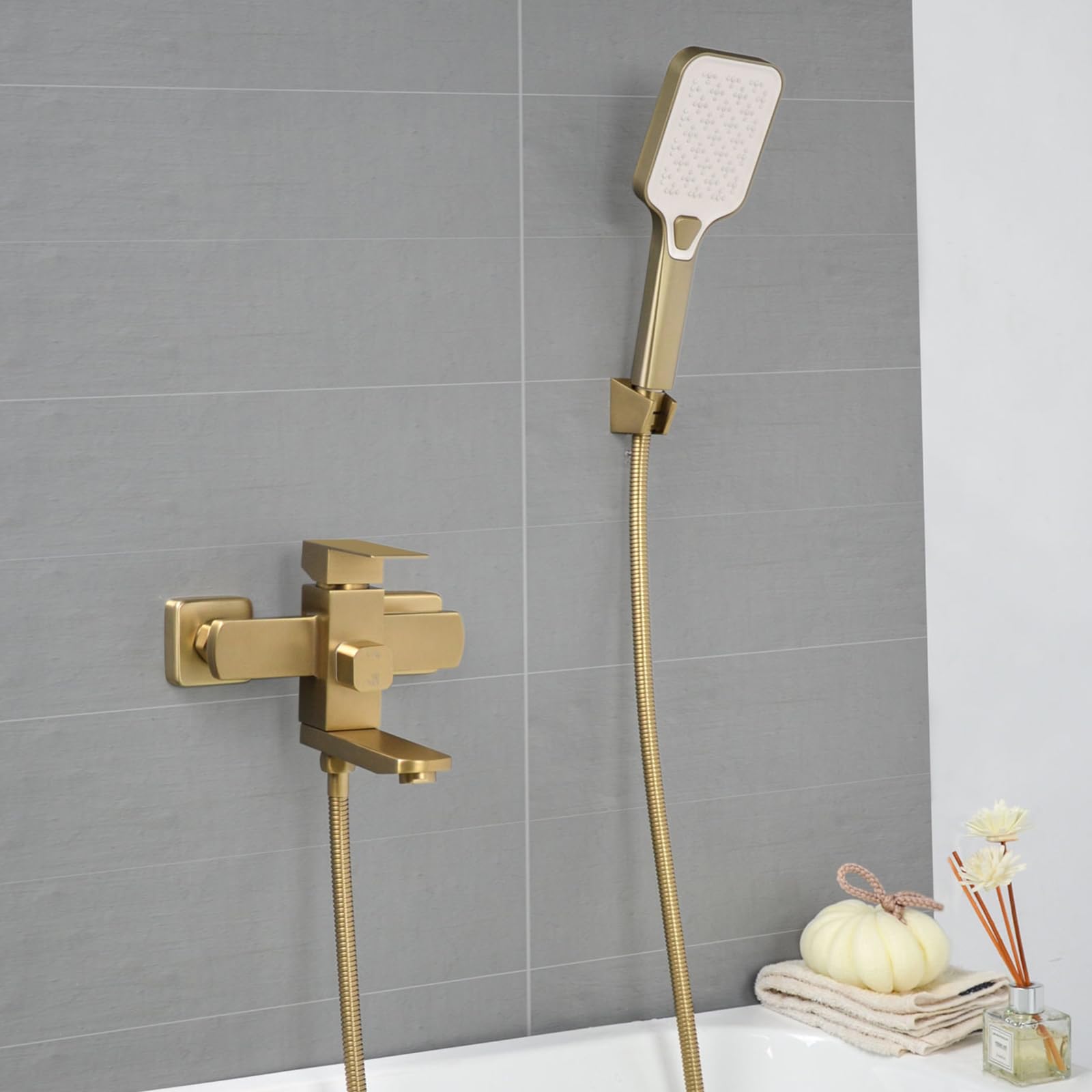 Grifo de Bañera, Grifo de Ducha con Alcachofa, Monomando Mezclador Ducha Montado en La Pared, Dorado Cepillado, 9Y4OK