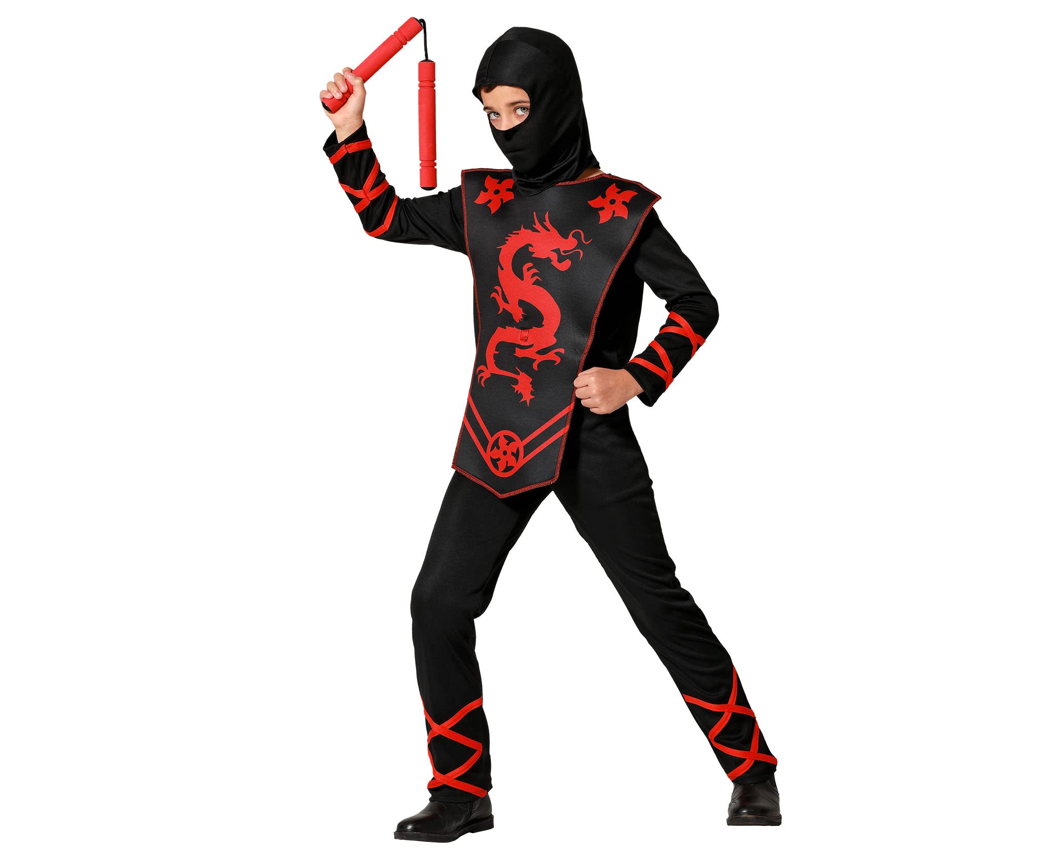 Atosa DIsfraz Ninja Niño Negro Dragón Rojo Con Peto Para Guerrero Cosplay Anime Carnaval Infantil