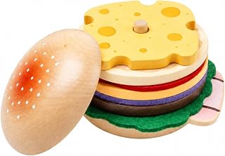MERIGLARE 28 個 ポテトやドリンク付きハンバーガーおもちゃ 角なし丸み仕上げ 木製ハンバーガーおもちゃ 丸みのある形 フードパーツおままごとセット 手先の器用さを育む 知育玩具 水洗いOK 幼児用 保育園用