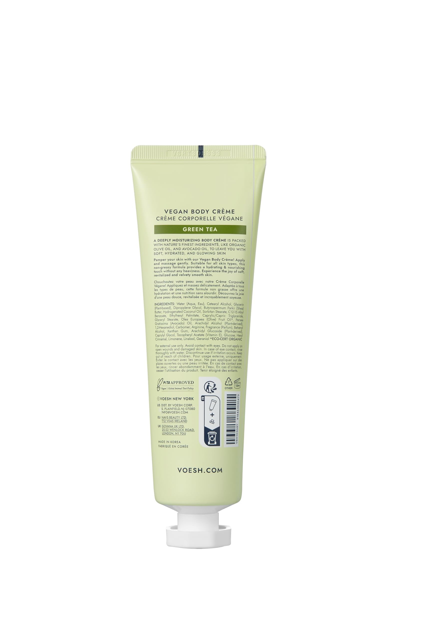 VOESH Vegan Body Creme, Skin Moisturizing Cream - Green Tea, K-Beauty Korean Skincare - 3oz