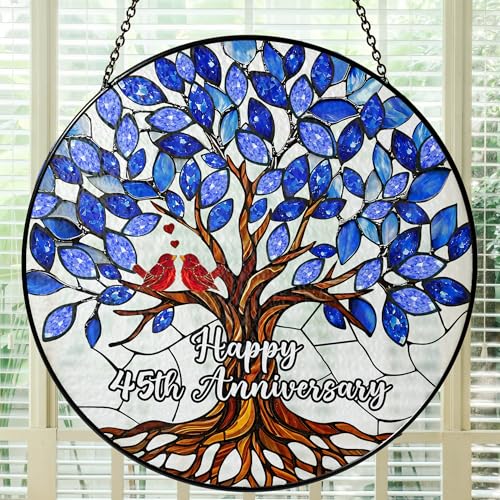 Bozspacer 45th Wedding Anniversary Stained Glass Suncatcher 6x6 Anniversary Decorations 45th Celebration Marriage Gifts for Parents Couple Wife & Husband 45 Wedding Milestone Keepsake