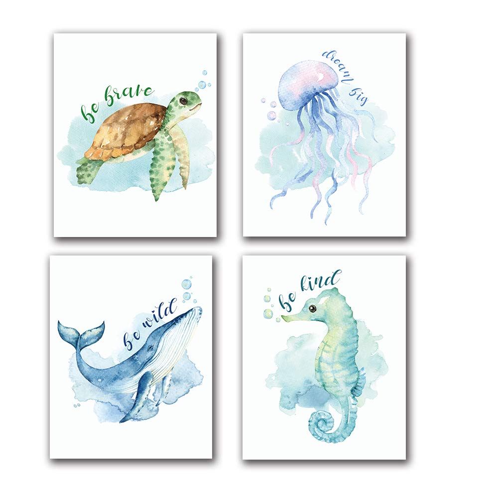 LONLONBANG Funny Watercolor Ocean life Quotes Art Print, Picture Poster for Nursery Kids Girls Bedroom Bathroom Home Decor, Sea turtle sea horse jellyfish whale, Set of 4 8X10 inch, No Frame