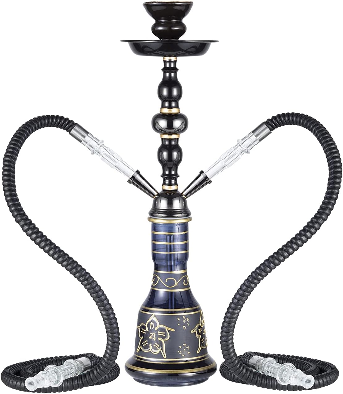 20" Hookah set - 2 Hose Premium Shisha Hookah Kit with Glass Vase, Ceramic Bowl and Coal Tongs Ashtray for Better Shisha Narguile Smoking (Black)