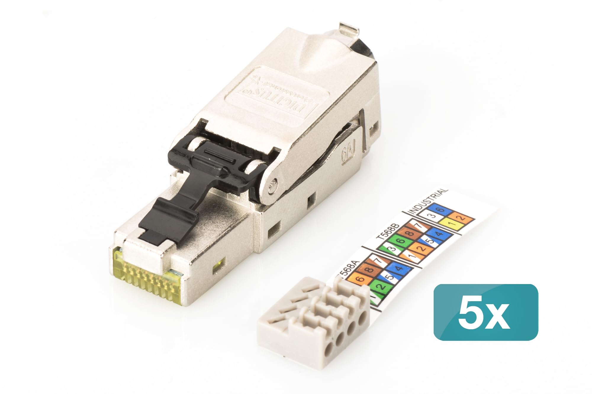 DIGITUS DN-93631 - Connettore di Rete Cat 6A - 5 Pezzi - Schermato a 360° - Connettore di Campo RJ45 Cat6A - Installazione Senza Attrezzi - 500 MHz - 10GBase-T - 10 Gbit/s - AWG 27/7 a AWG 22/1