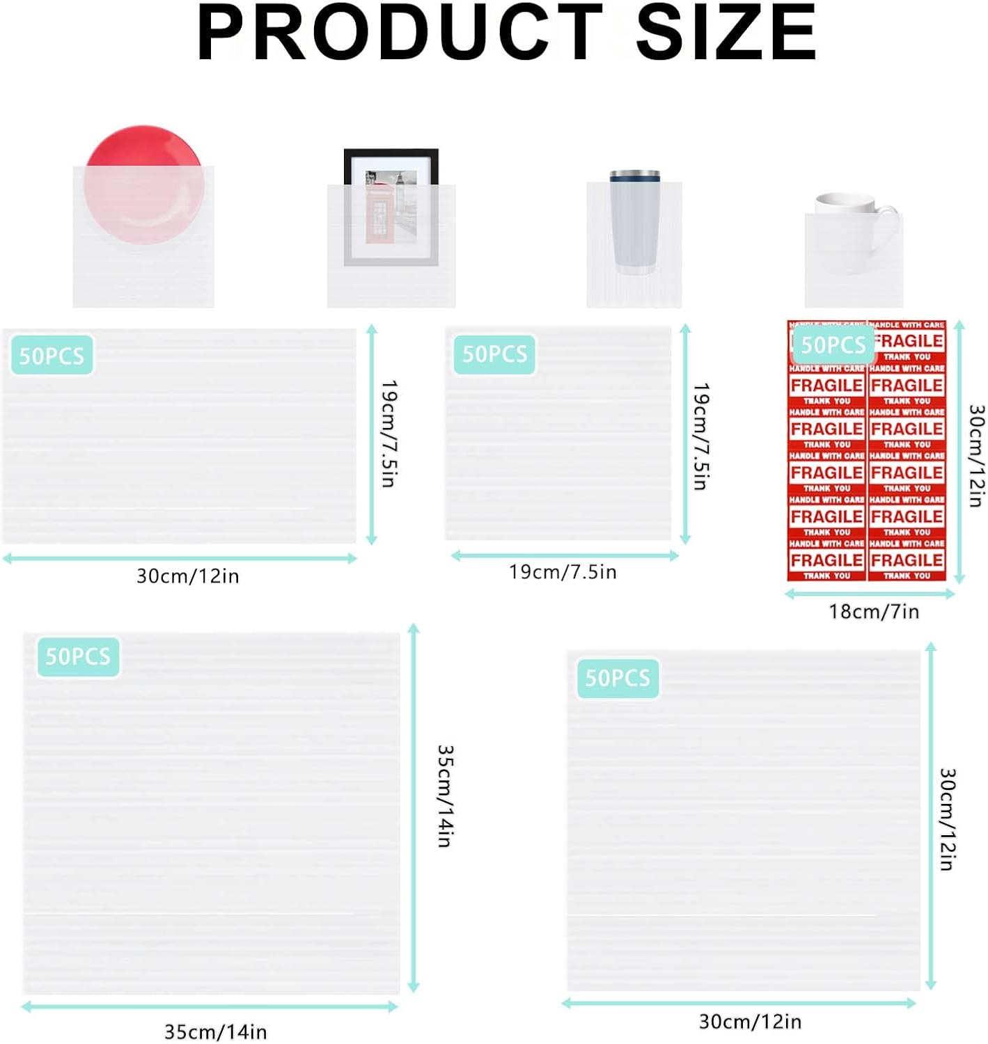 260pcs Cushioning Foam Pouches Moving Supplies, 4 Sizes (14x14inch,12x12inch,12x7.5inch,7.5x7.5inch) Use Packing Supplies for Moving, Packaging, Storage Incidental 60 Fragile Stickers, clear