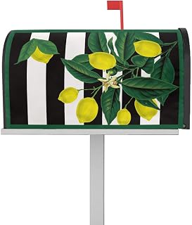 Mailbox Cover Magnetic Summer Lemon Green Leaf Mailbox Covers Standard Size 21x18in,Mailbox Covers Wrap Post Letter Box Cover for Garden Yard Outdoor Decor Branch Retro White Stripe
