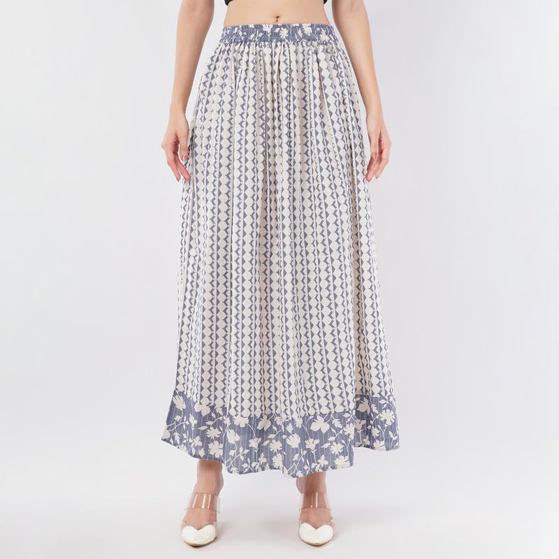 Rabhika Women’s White Patterned Pure Cotton Panel Maxi Skirt, Elegant Long Skirt for Daily Casual 2XL 4