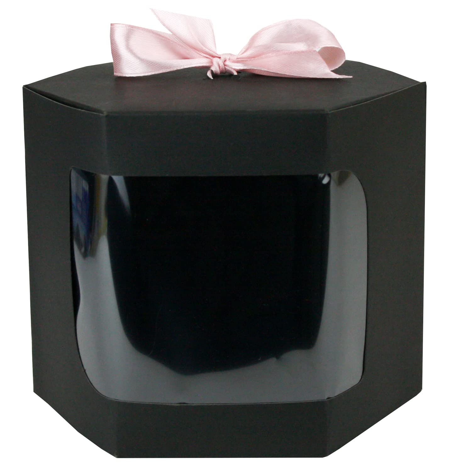 Emartbuy Strong Paper Stand Up Hexagon Gift Bag, 10 cm x 10 cm x 12 cm, Black Kraft Bag Cupcakes Cookies Muffin Pie Box with Clear Window and Baby Pink Ribbon - Pack of 96