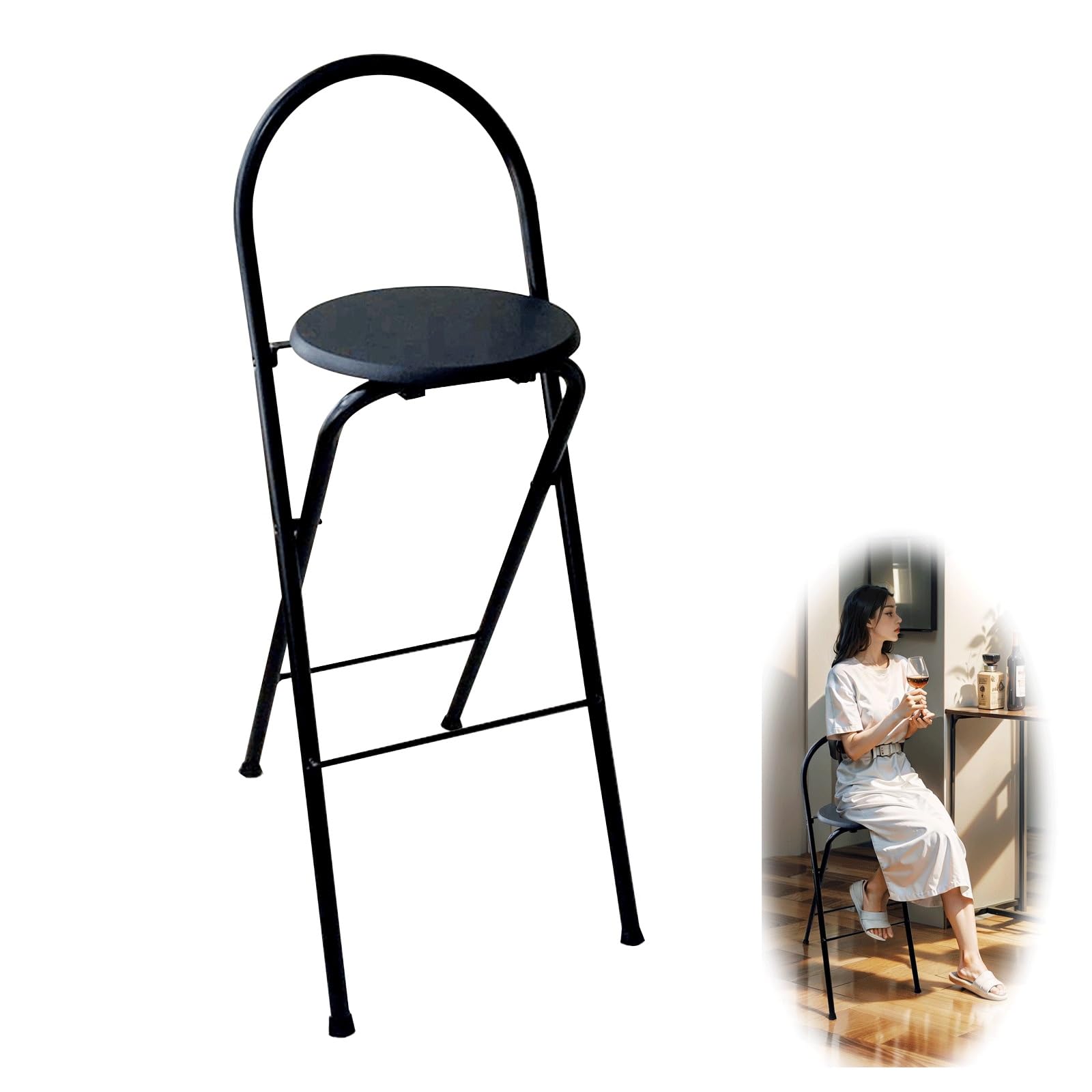 Sgabello Da Bar Pieghevole GOKHOMX - Con Schienale, Altezza Seduta 61 Cm, Struttura Metallo, Seduta MDF, Per Cucina, Balcone, Bistrò, Pronto All'uso