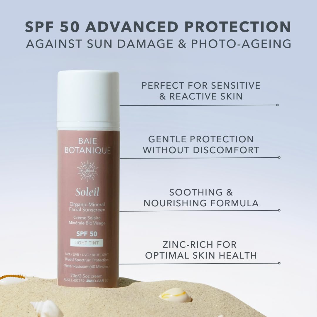 Baie Botanique Soleil Crème solaire bio pour le visage SPF 50 Sans filtre chimique Protection solaire Acide hyaluronique et Vitamine C Naturelle Vegan Sans traces Non toxique UVA/UVB Teinte claire 70g