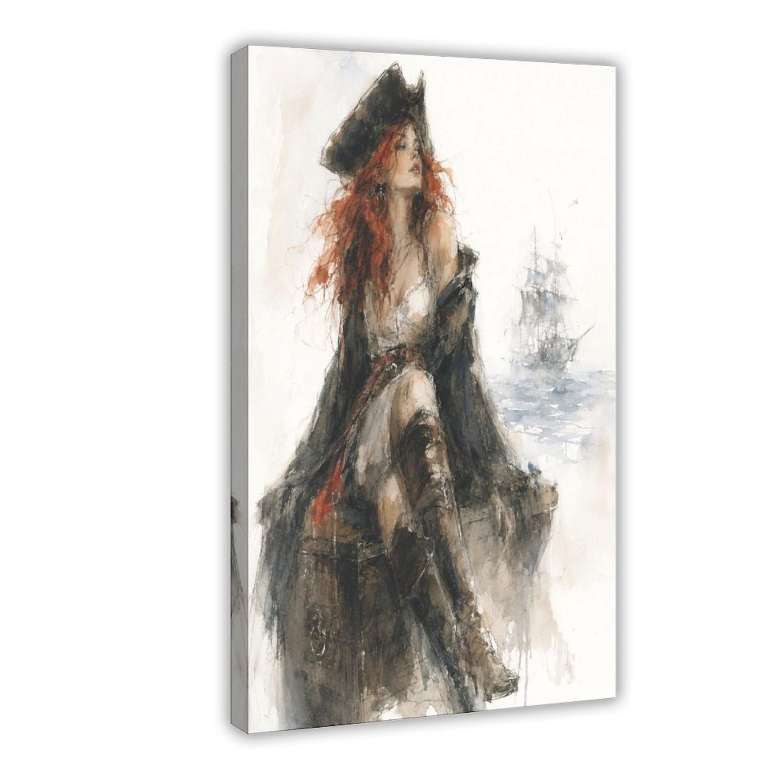 W7c8u2x3 Frame-Style-23 Pirate Woman Portrait Canvas Wall Art, Stormy Sea Sofa Area