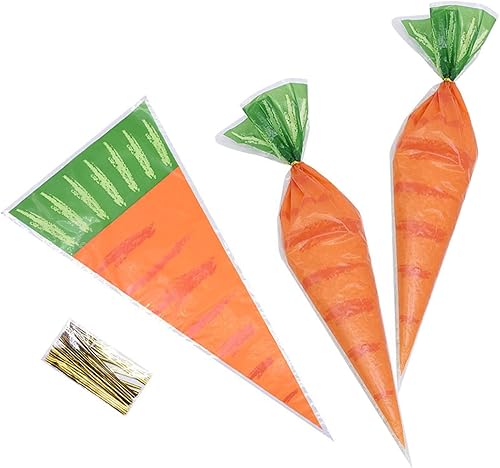 Dzrige 100 bolsas de celofán transparentes con forma de zanahoria de Pascua, bolsas de plástico para regalo de Pascua, Navidad, galletas, dulces,