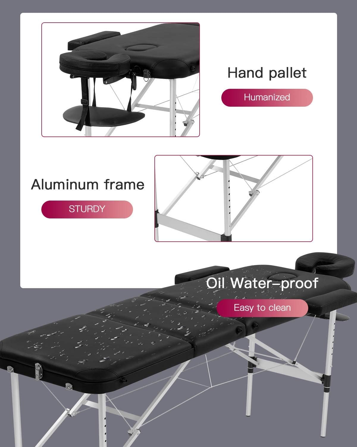 HHS Massage Table 73 Inch Aluminium Massage Bed Professional Folding Therapy Table Bed Height Adjustable Facial Salon Spa Tattoo Bed with Carry Case,Face Cradle,450LBS Capacity Salon Bed Black