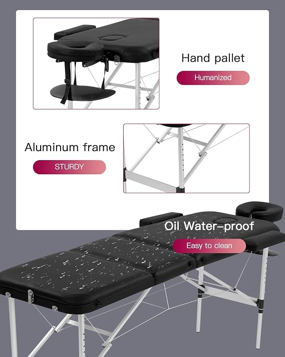 HHS Massage Table 73 Inch Aluminium Massage Bed Professional Folding Therapy Table Bed Height Adjustable Facial Salon Spa Tattoo Bed with Carry Case,Face Cradle,450LBS Capacity Salon Bed Black