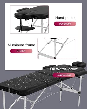 HHS Massage Table 73 Inch Aluminium Massage Bed Professional Folding Therapy Table Bed Height Adjustable Facial Salon Spa Tattoo Bed with Carry Case,Face Cradle,450LBS Capacity Salon Bed Black