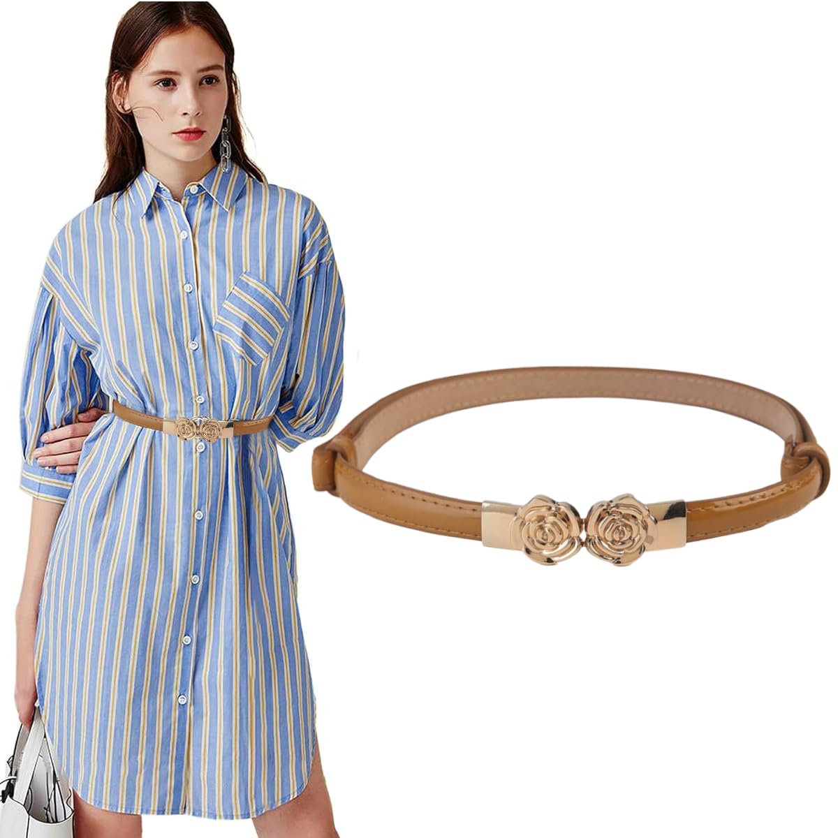 PALAYBlack Belt for Women, Fashion Brown Belt for Women, Simple Waist Belt for Women, Metal Buckle Belts for Women, Slim PU Leather Belt for Women Dresses, Jeans, Casual Blazer, Formal Suit