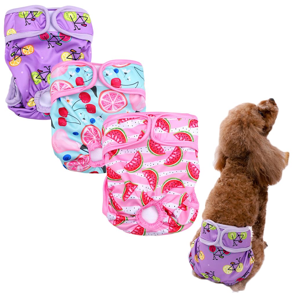 3 Pack Dog Nappies Female, Dog Period Heat Pants in Season, Super Absorbent & Adjustable Sanitary Reusable Doggy Puppy Diapers for Medium Incontinence Dogs (Multicolored, S)