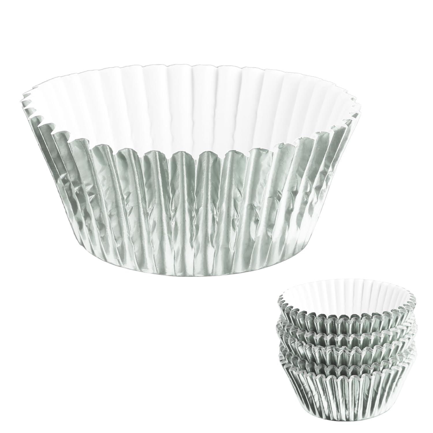 Thyonta 100PCS Muffin Cake Cups Colourful Thickened Aluminium Foil Oil-Proof Disposable Baking Paper Tray Suitable for Storing Mini Food (Silver)