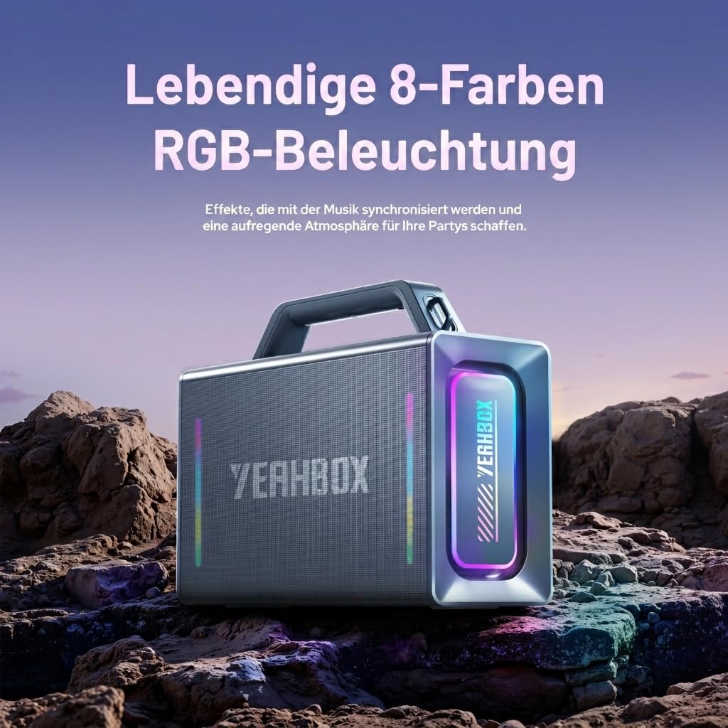 YEAHBOX Thunder 500 Party-Lautsprecher – 200W Max Leistung Bluetooth-PA-System mit Dual-Wireless-Mikrofonen, DSP-Soundkarte, LED-Beleuchtung & 10H Wiedergabedauer, tragbar für Outdoor, Zuhause und Ver