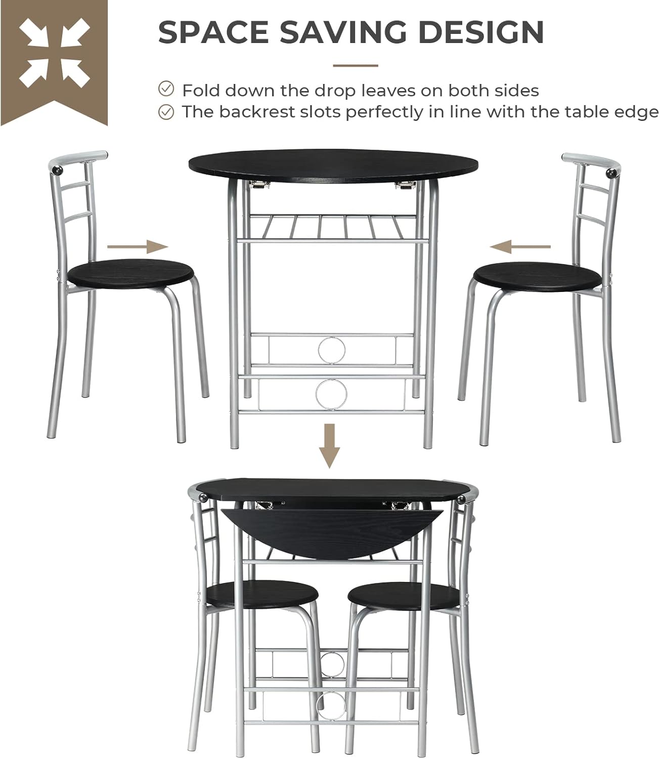 VINGLI 31.5" Drop Leaf Dining Table Set for 2, 3 Pieces Dining Table with Chair for Small Space, Small Kitchen Extendable Folding Dining Table for Dining Room，Home, Apartment, Saving Places, Black