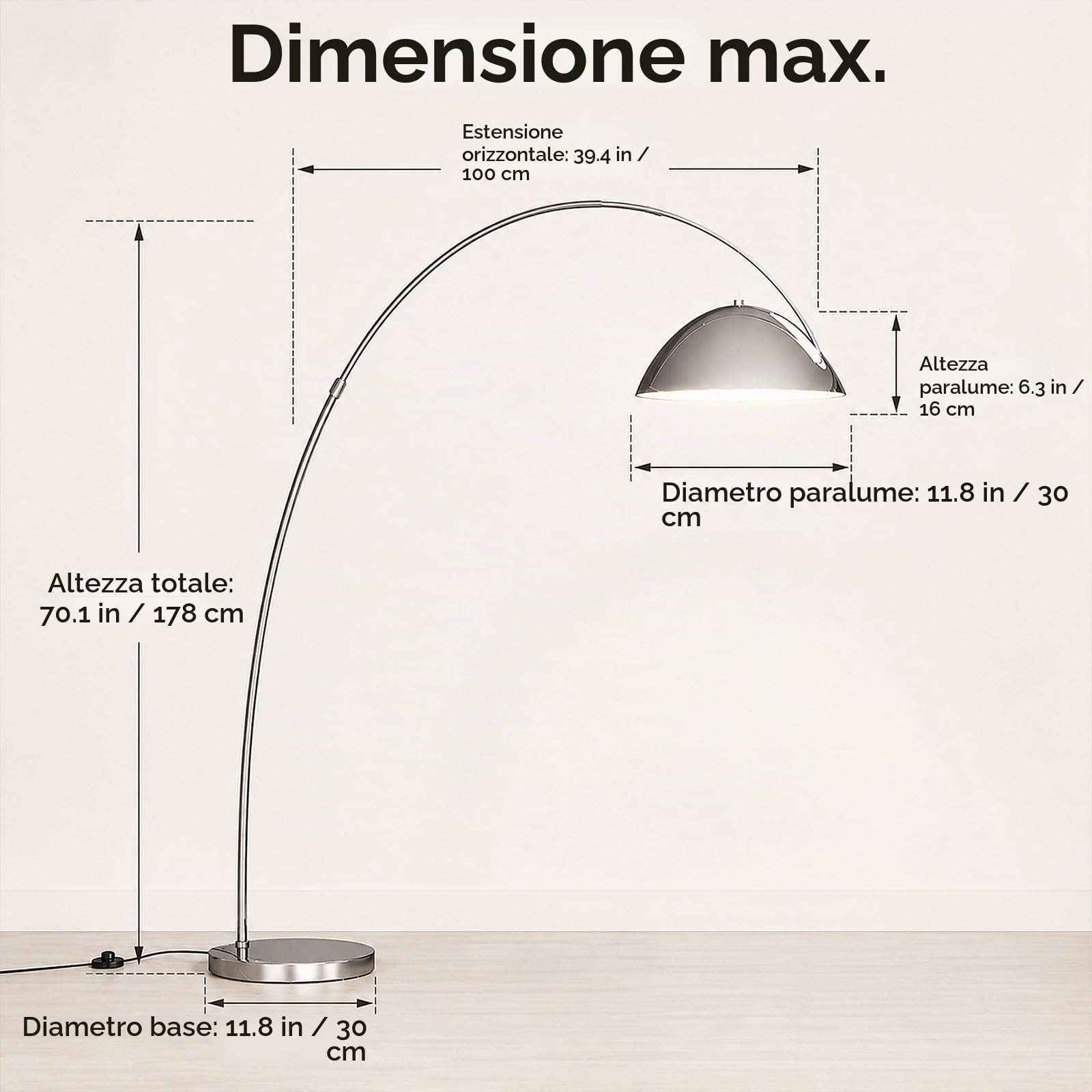 Lampada da terra ad arco per soggiorno, lampada da terra regolabile in altezza, lampada da terra in metallo nero lucidato, lampada da lettura alta e moderna con base in marmo