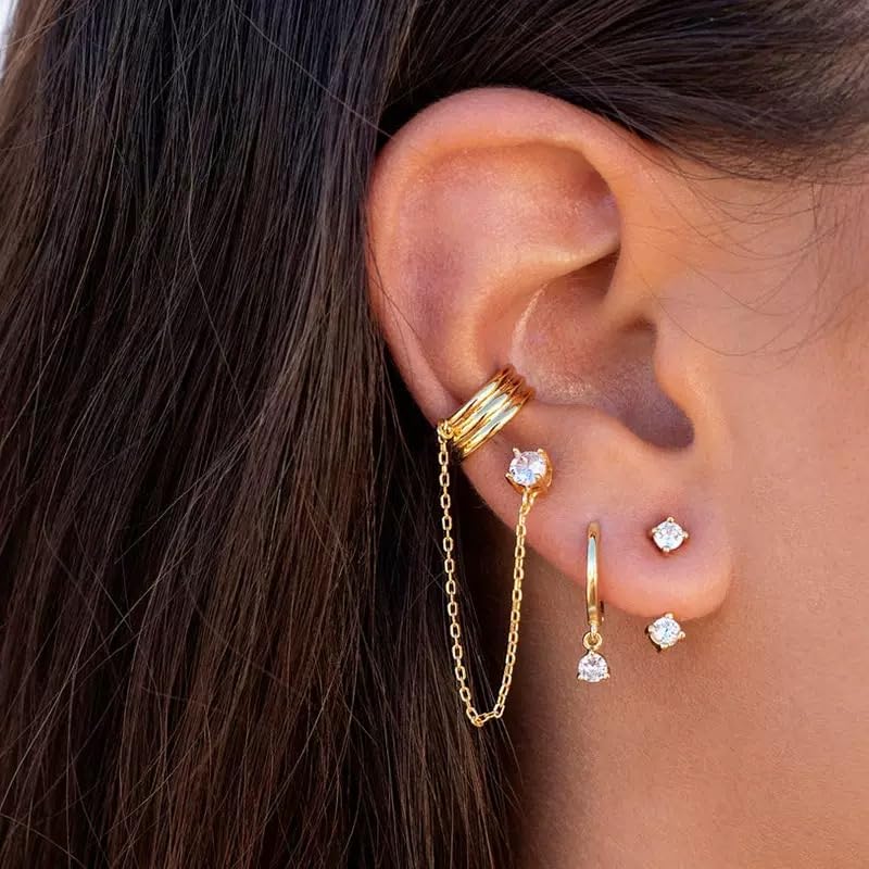 Ear Cuff 14k Dainty Gold/Silver Double Chain Earrings Tassel Drop Dangle Small Hoop Clip Earrings, Chain Climber Crawler Earrings for Women Cartilage Double Cuff Gifts Bff Birthday3