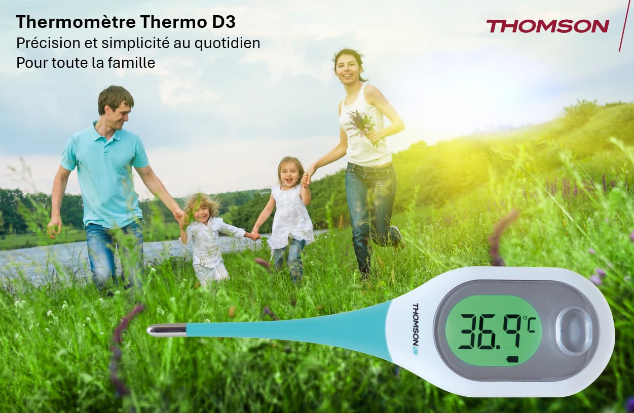 THOMSON Thermo D3 Thermomètre Digital - Fièvre Bébé Enfant Adulte - Mesure Rapide <10s, Haute Précision - Écran LCD Rétroéclairé 3 Couleurs - Mémoire - Usage Oral Axillaire Rectal - Étanche IP27
