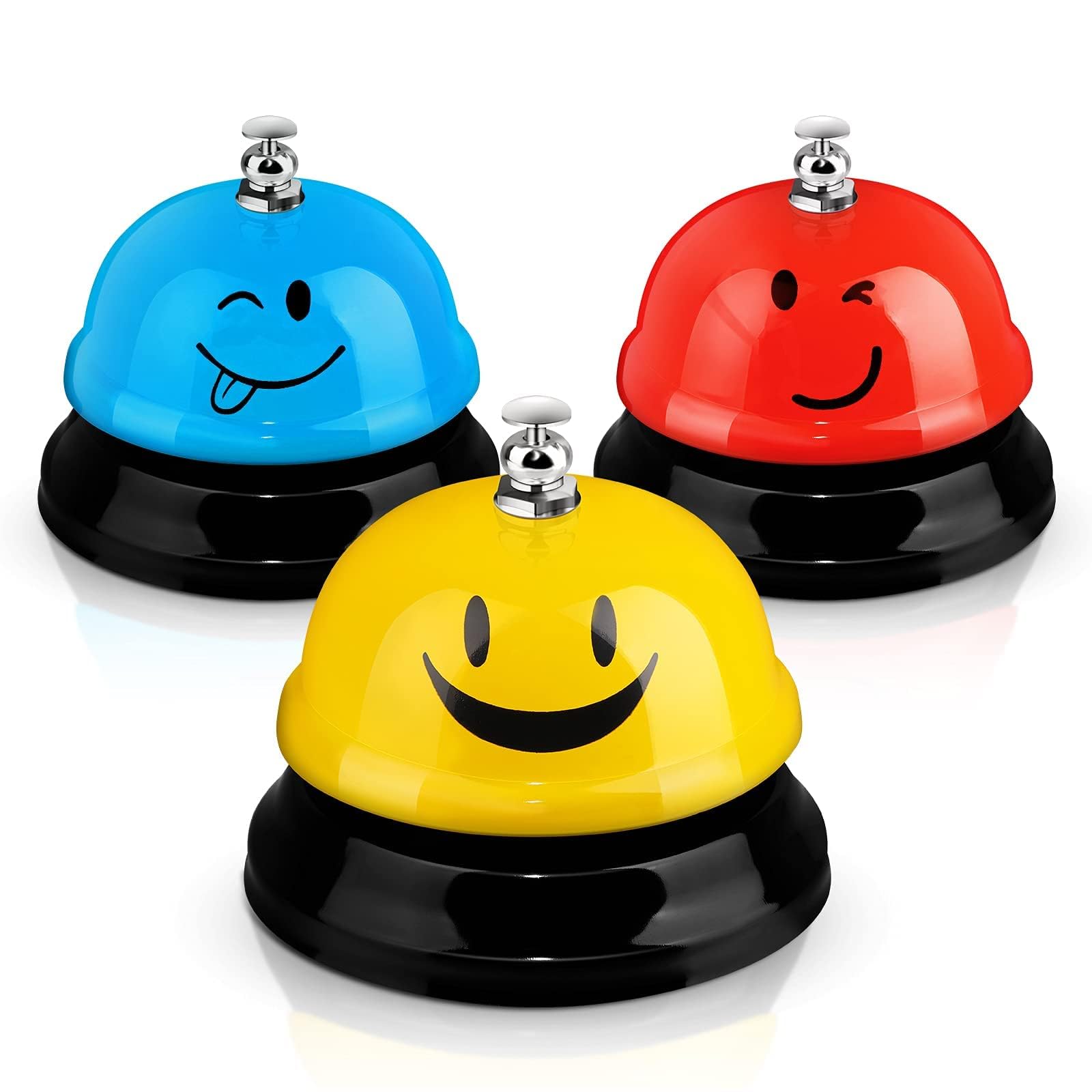 3 Pieces Desk Bell for Service, Smile Face Call Bell, Desk Bell 8.5cm Diameter, Call Bells with Metal Anti-Rust Construction,Front Desk Restaurant, Office, Schools (Red yellow blue)
