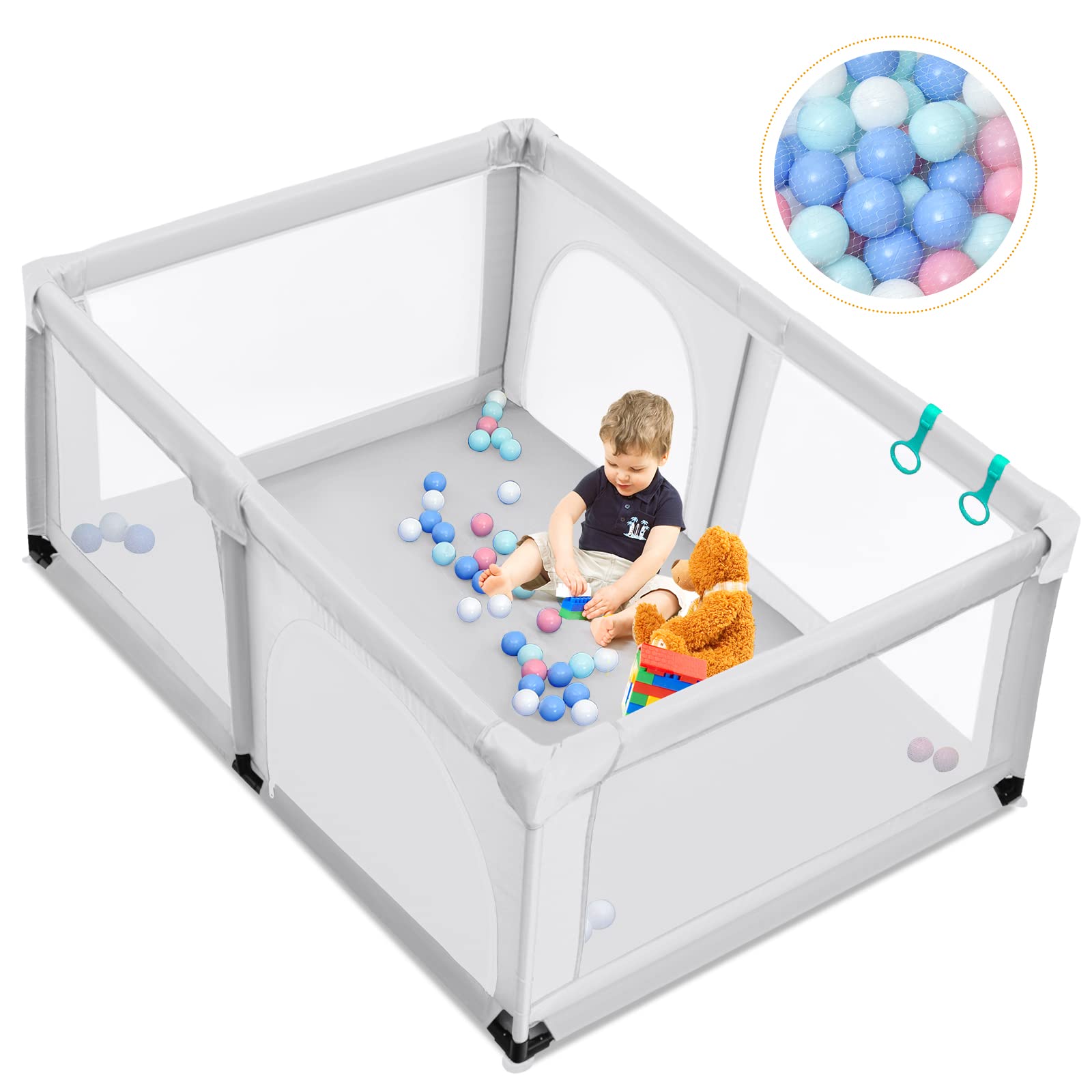 LIFEZEAL Box Bambini, 120 x 190 cm, Recinto per Bambini, in Tessuto Oxford Traspirante, Box Neonato, con Ventose Antiscivole, 2 Porte e 50 Palline, Recinto per Bimbi da 10 Mesi a 6 Anni, grigio