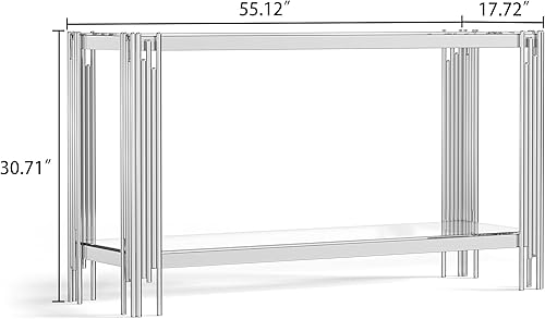 Miniatura 2 de Moderna mesa consola de cristal de 2 niveles, mesa de sofá de lujo con parte superior de vidrio templado transparente con patas plateadas brillantes
