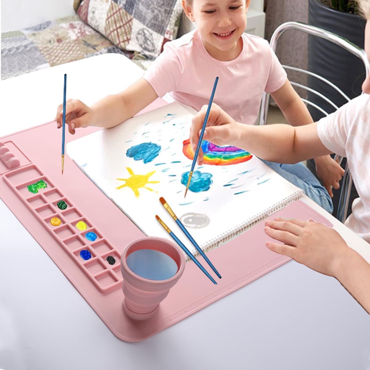 Silicone Painting Mat, 20"x 16" Silicone Art Mat with Cup, Kids Painting mat for Resin, DIY, Drawing Resin, Paint, Clay， Large Craft Art Mat, (Pink)
