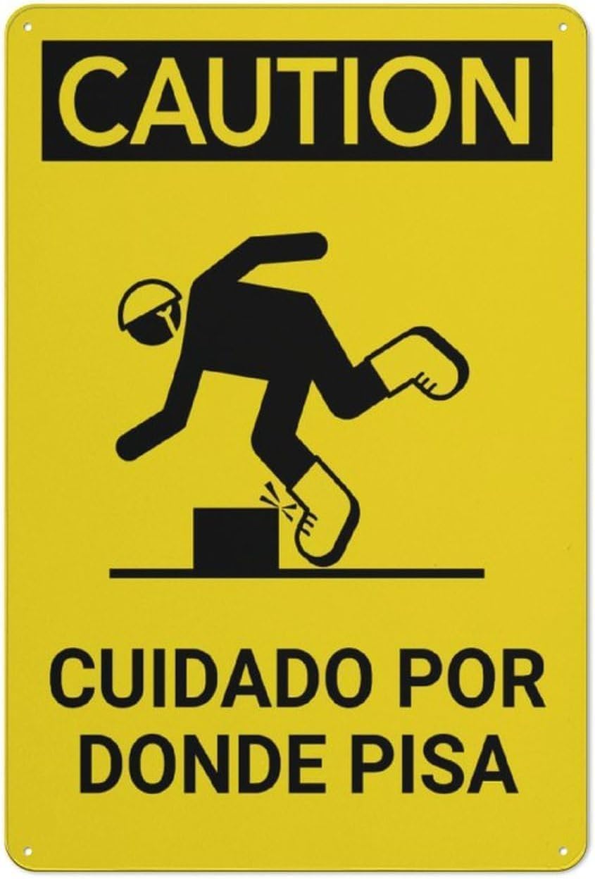 Spanish Step Fall Warning Sign, Public Walkway Anti-fall Safety Printed Metal Sign 12x8 Inch