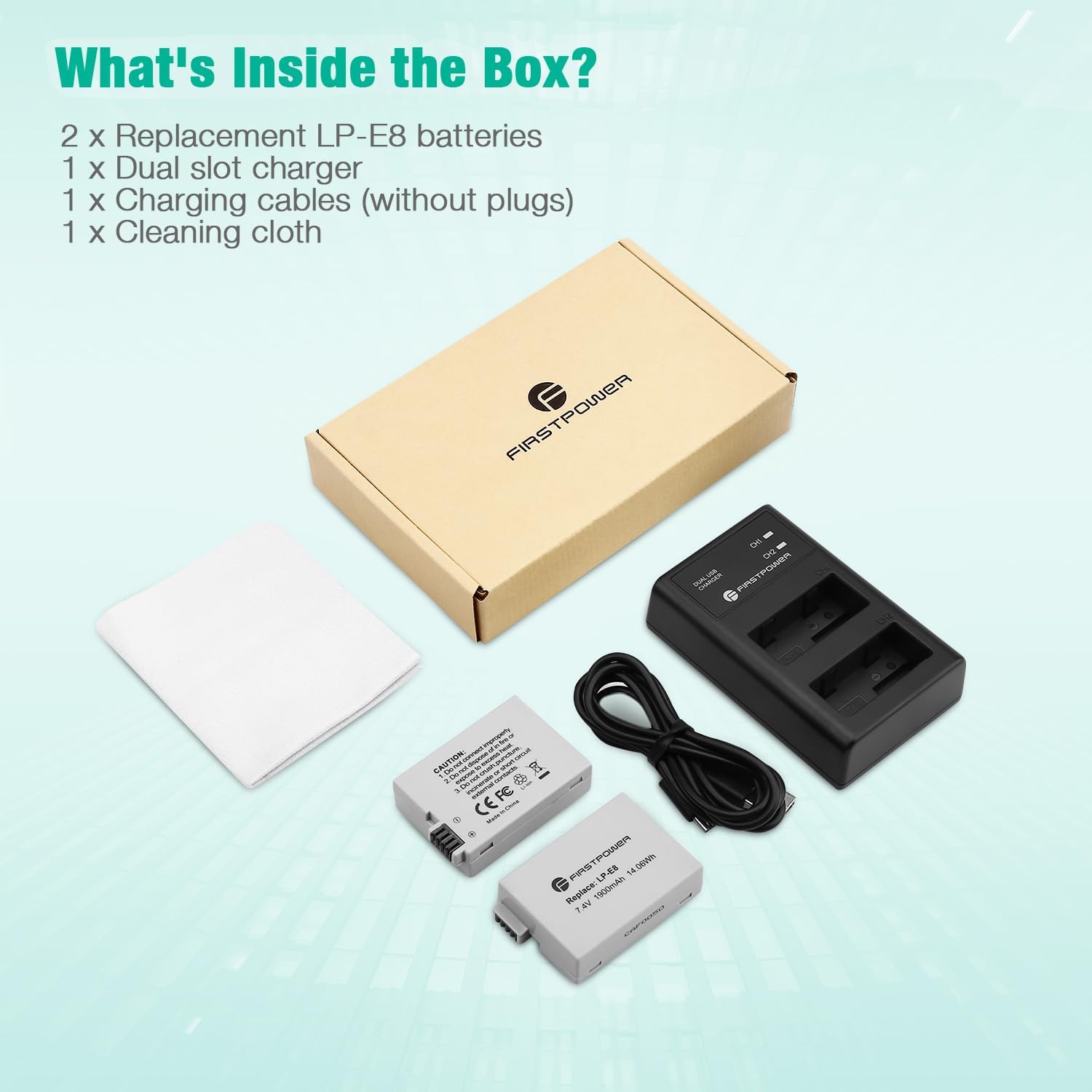 FirstPower LP-E8 Battery and Dual USB Charger Compatible with Canon EOS Rebel T2i, T3i, T4i, T5i, EOS 550D, 600D, 650D, 700D, Kiss X4, Kiss X5, Kiss X6 Cameras