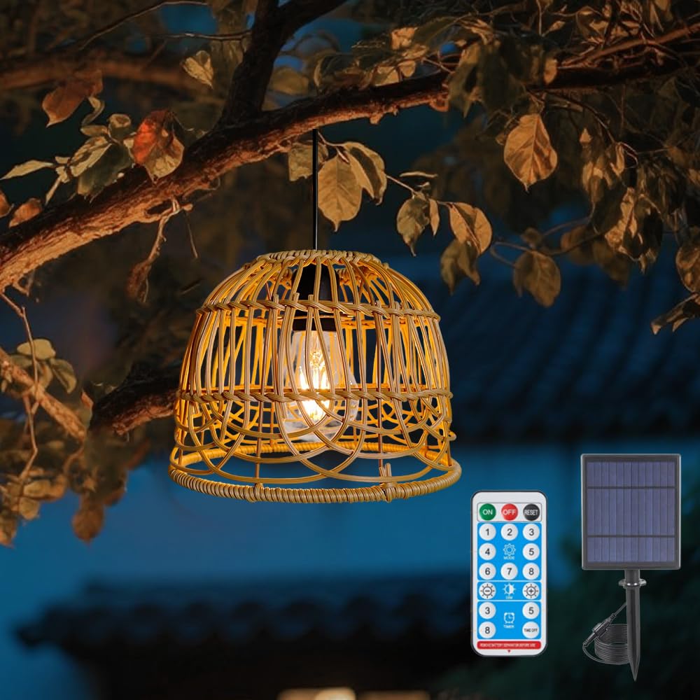 Lampadario Solare da Esterno, IP44 Lmpermeabile Lampada Sospensione Rattan Solare Con Telecomando, Lampadario a Sospensione Boho, Illuminazione Lampadario Rattan, Decorativa per Giardino