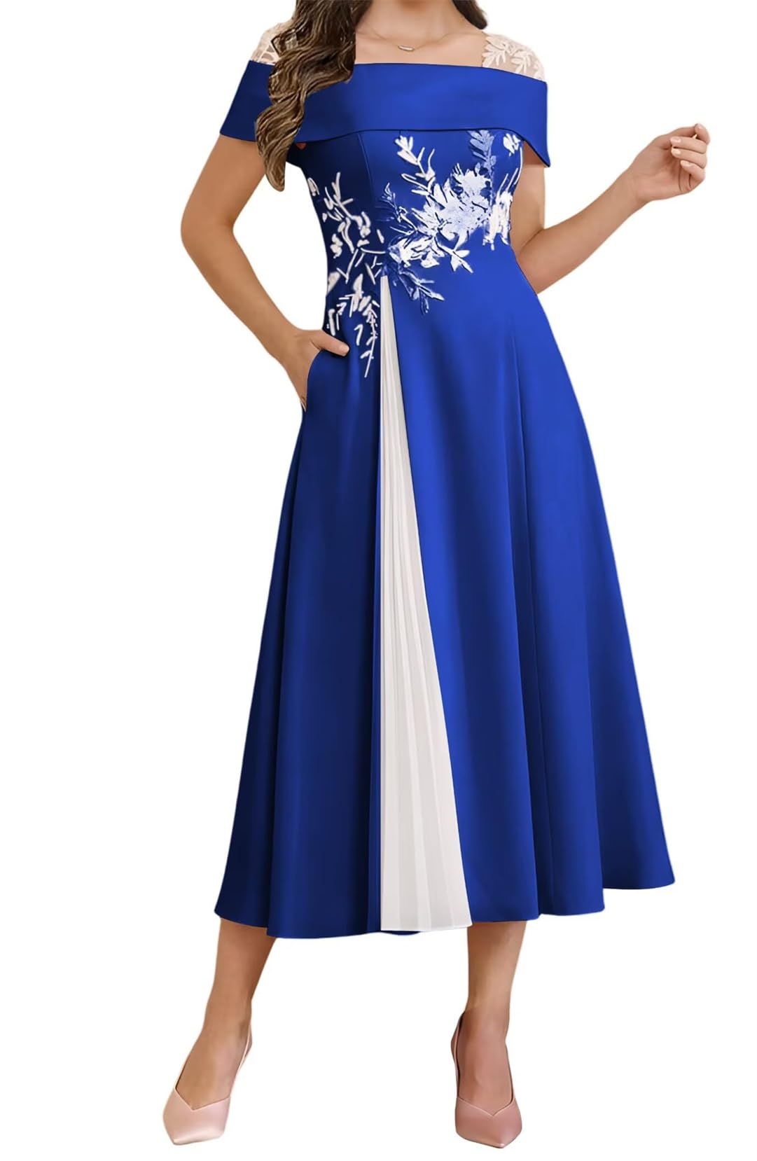 WISIYLE Lace Applique Bridesmaid Dresses Cap Sleeve Prom Mother of The Bride Dress A Line Wedding Formal Gowns WQL011 Royal Blue UK18