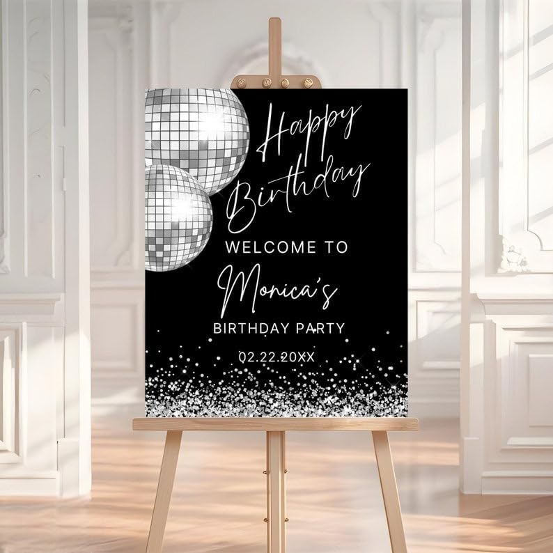 Letrero de bienvenida de cumpleaños de bola de discoteca personalizado, póster de fiesta retro negro plateado, cartel de celebración de cumpleaños