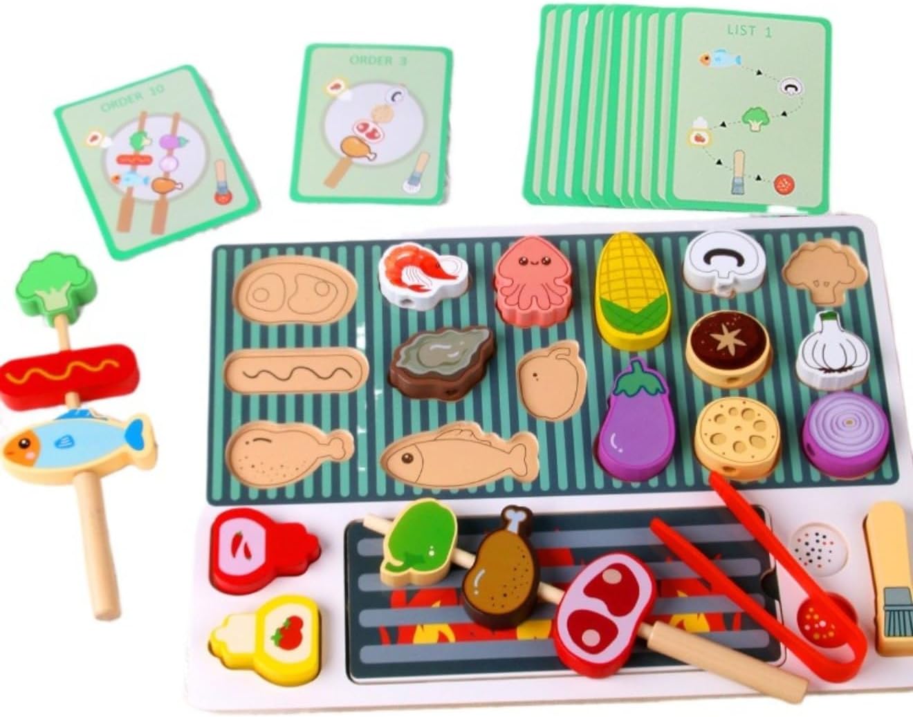 Wooden BBQ Grill Toy Montessori Kitchen Cooking Experience Barbecue Simulation Food Wooden Play House Toys Gift for Kids Simulated Barbecue Role Playing