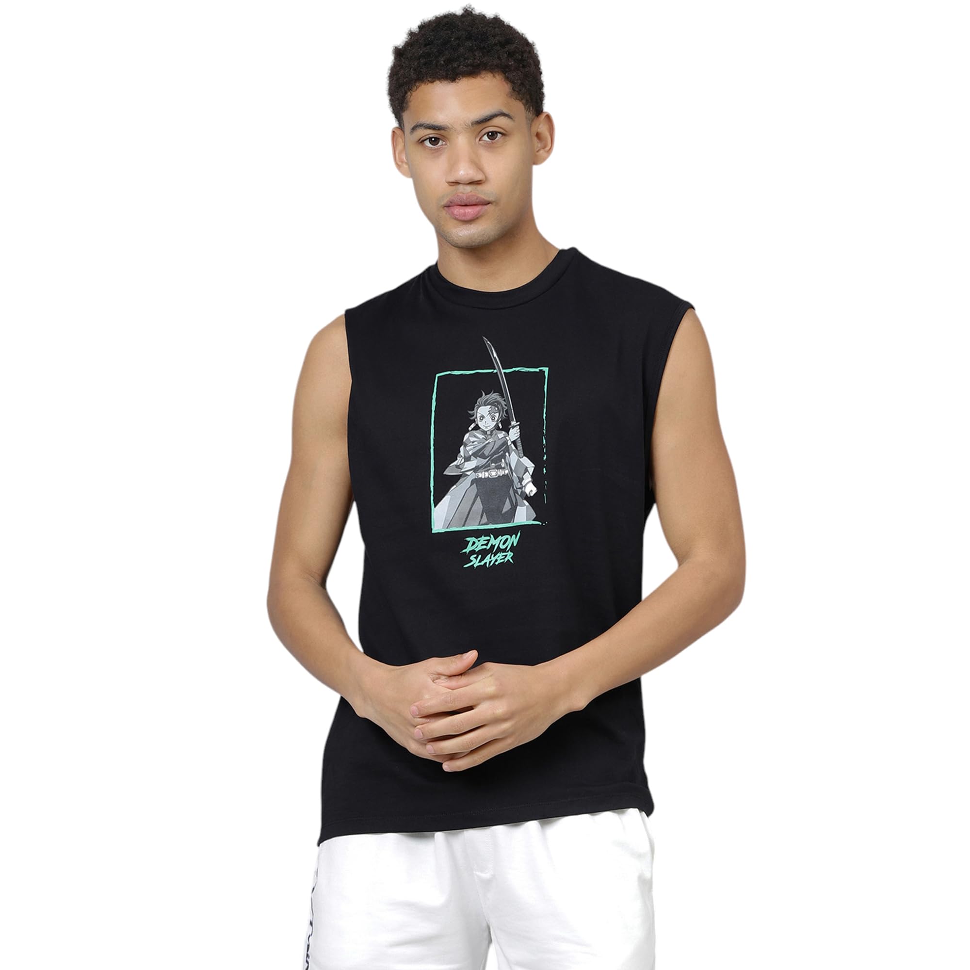 free authority Official Demon Slayer: Tanjiro Kamado Anime Graphic Print Pure Cotton Sleeveless Black Regular Fit Tshirt for Men-picture-49