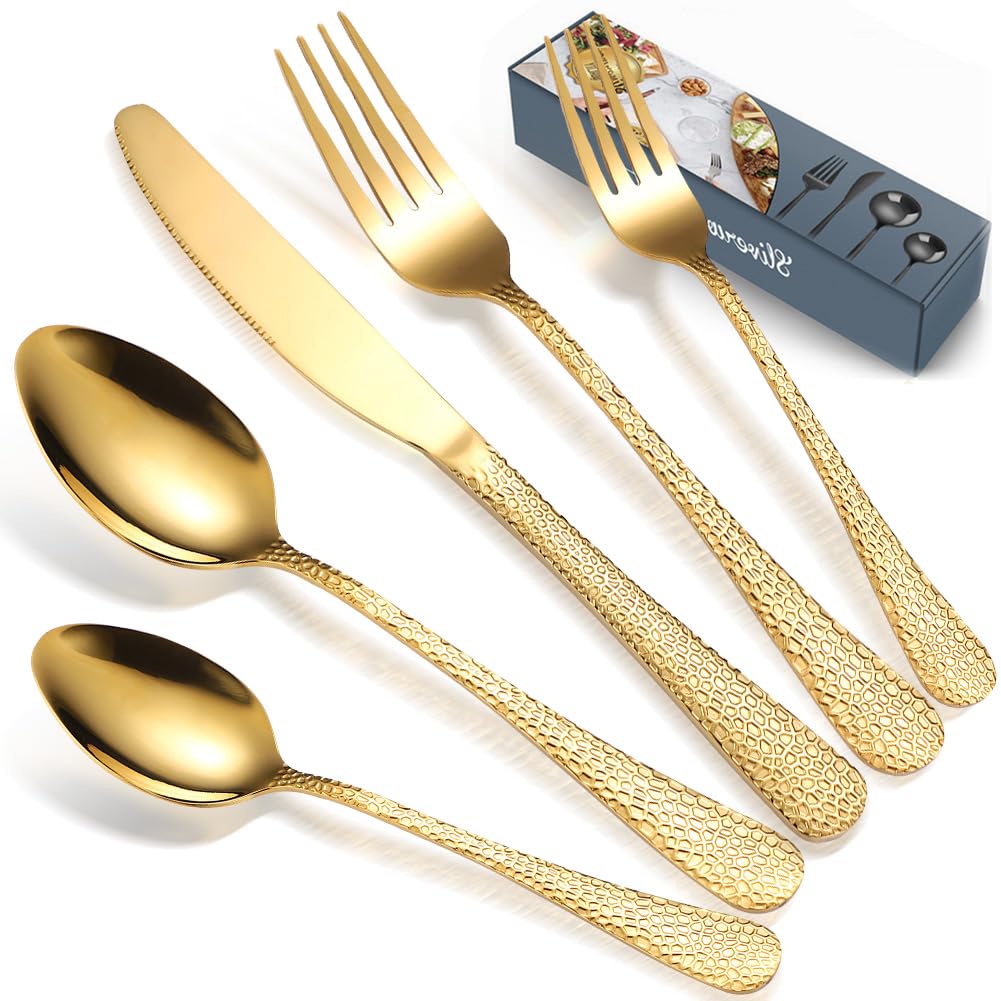 Home Safety Juego de cubiertos dorados, juego de cubiertos de acero inoxidable de 30 piezas, juego de cubiertos de pulido de espejo de alta calidad para 6, incluye cuchillos, tenedores, cucharas, apto
