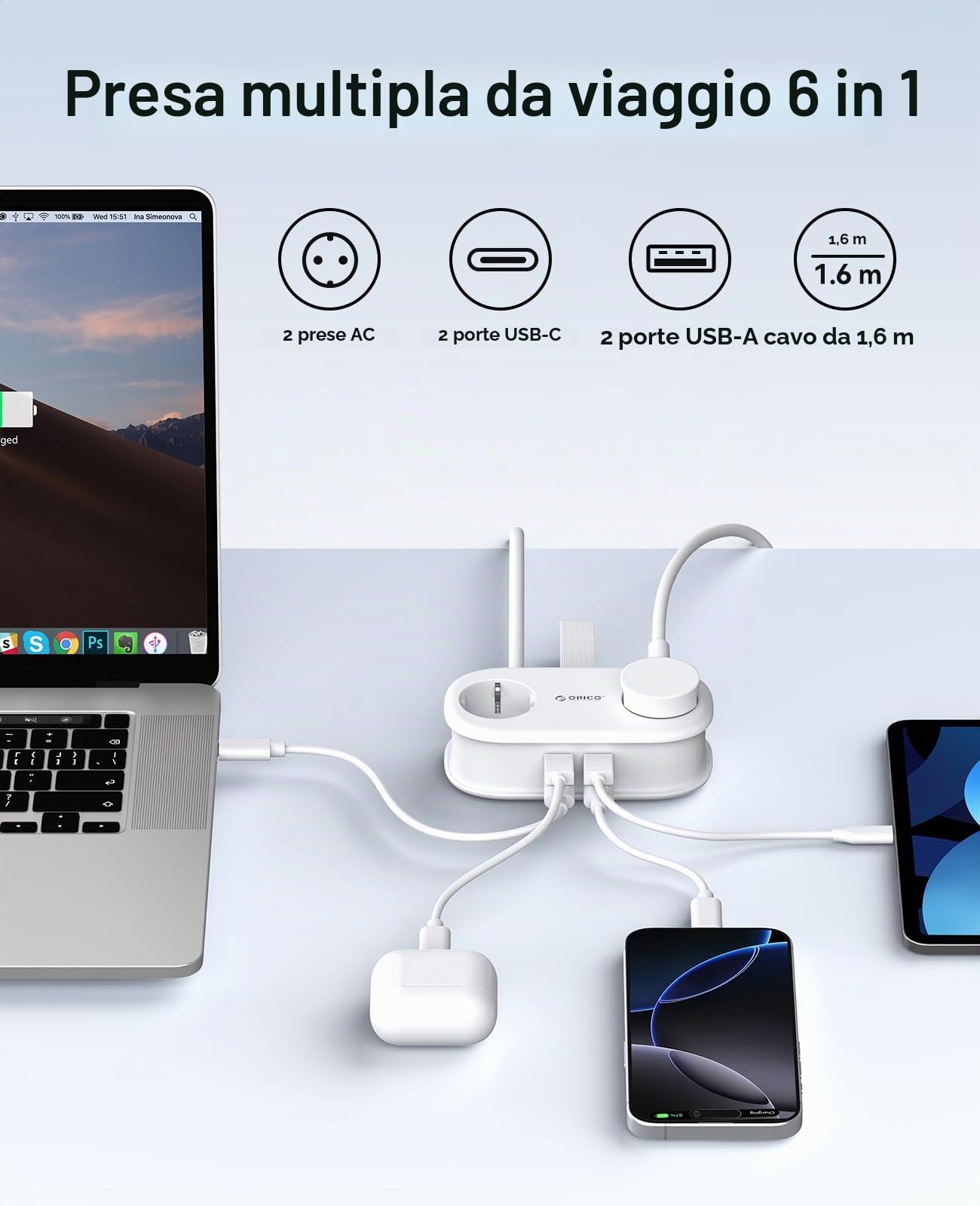ORICO 65W GaN Presa da Viaggio Multipla con USB-C, 6-in-1 Presa Multipla per Carica Rapida con 4 USB, Prolunga Multpresa con Cavo Raccoglibile 1.6m per MacBook, iPad, Cellulare, Viaggi - AP3 Bianco | 2 prese Schuko, 2 USB-A e 2 USB-C, tecnologia GaN, 2500