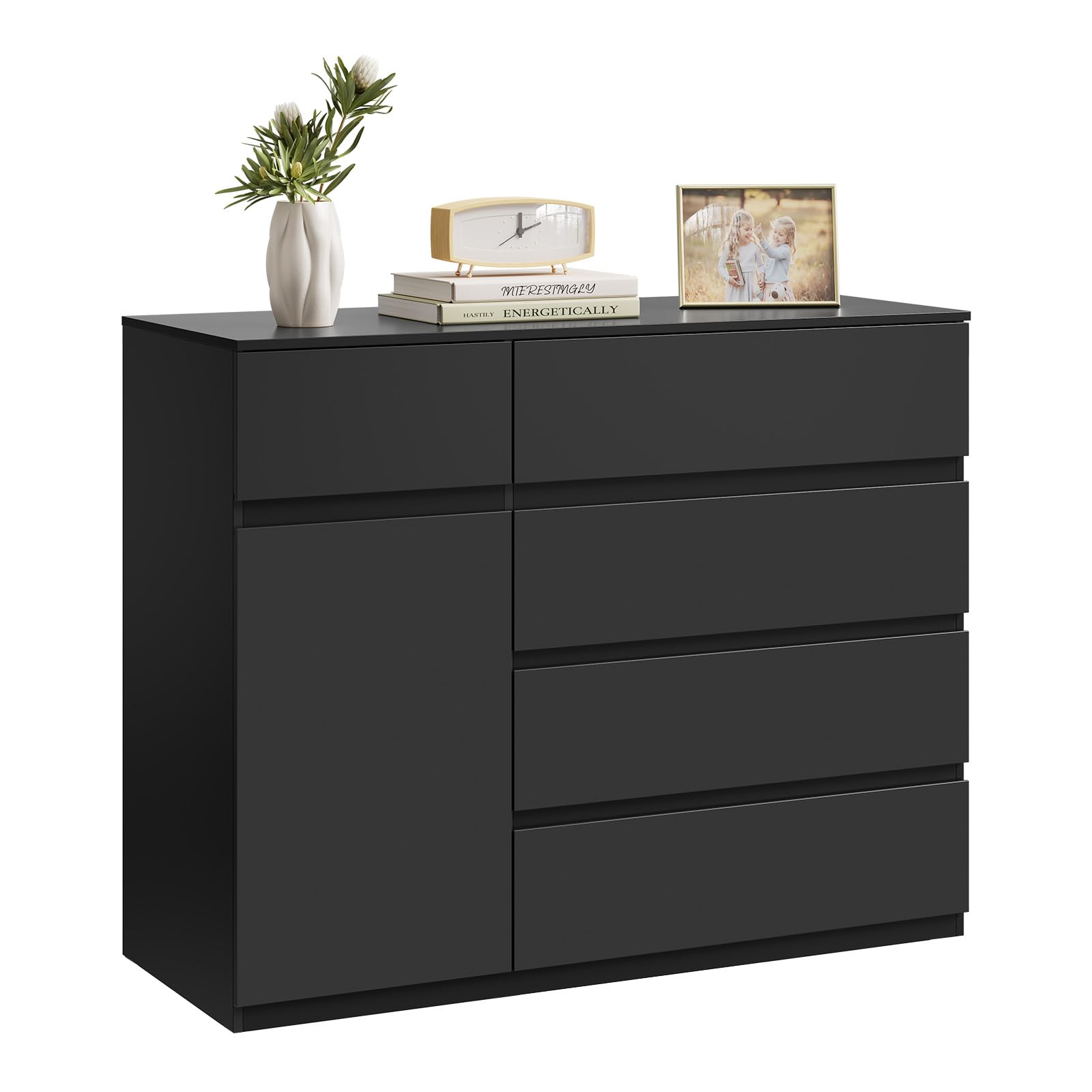 WOLTU Kommode schwarz, mit 5 Schubladen, 1 Schranktür, Moderner Schubladenschrank mit Verstellbarer Ablage, für Wohnzimmer Schlafzimmer Flur, 100 x 80 x 40 cm