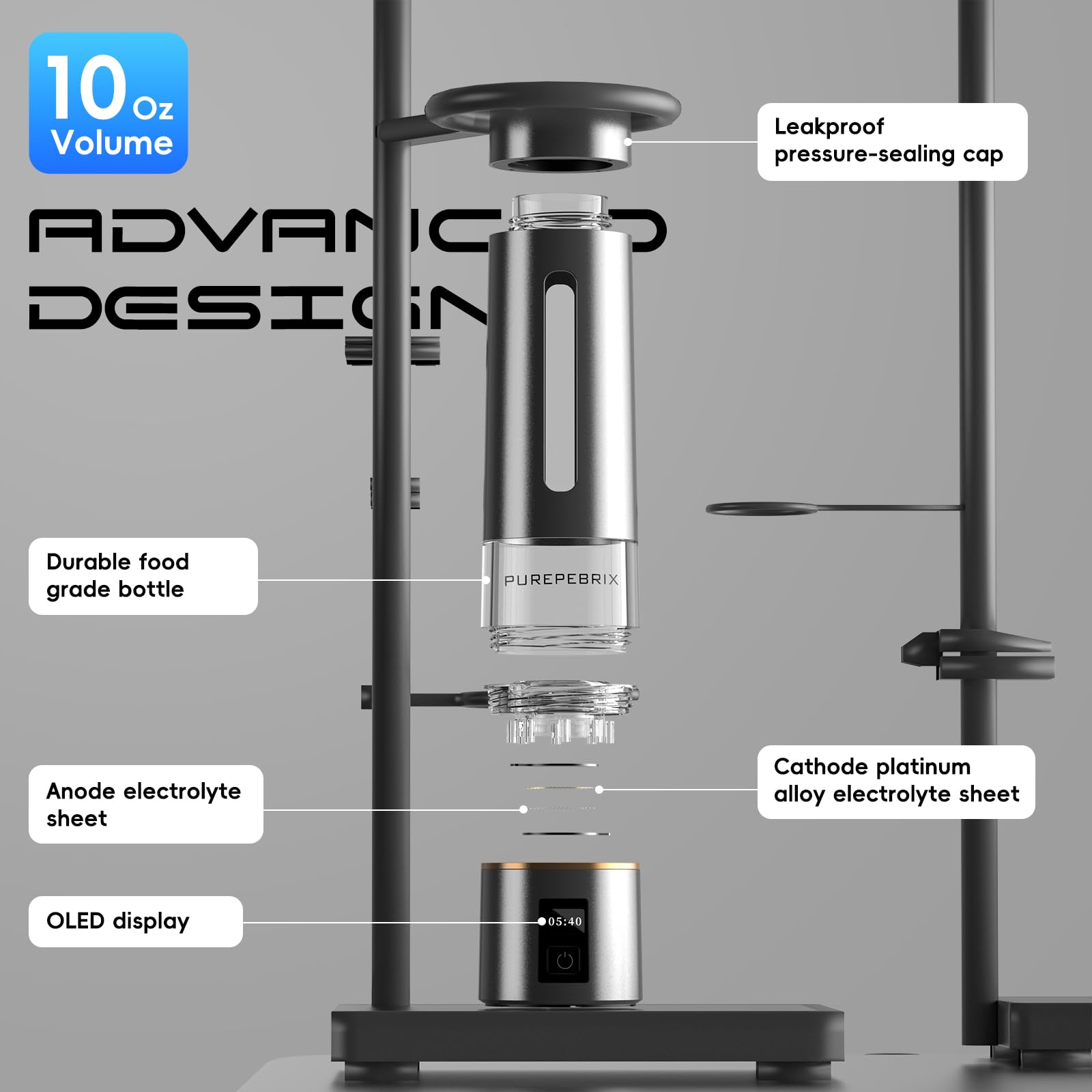 PUREPEBRIX H8000 Wasserstoff-Wasserflaschengenerator 12000 PPB tragbar alkalischer Wasserkrug Platin-Iridium-Katalysator OLED-Display