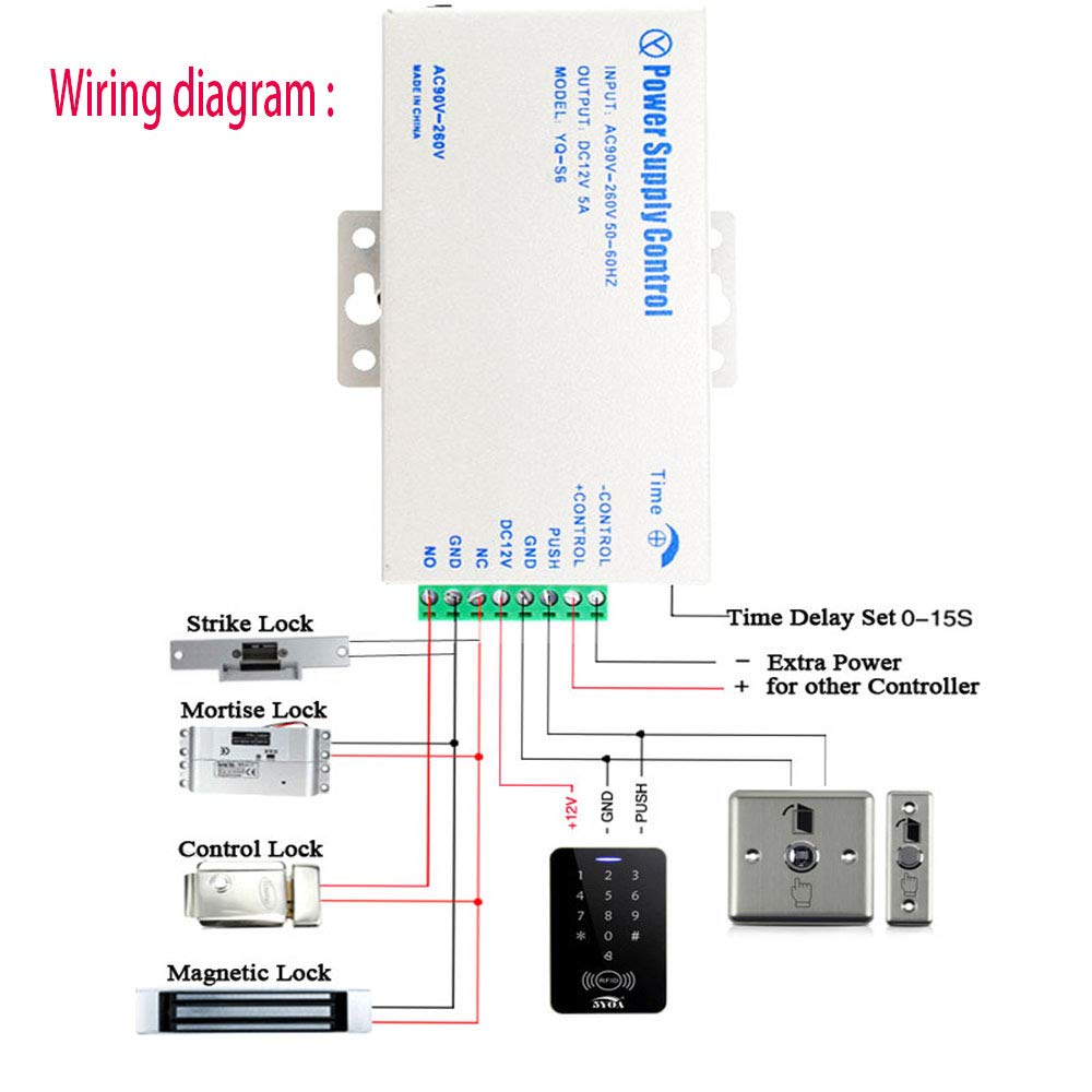 YAVIS Alimentation d'énergie pour Système de Contrôle d'Accès de Porte d'Entrée avec Délai de Verrouillage 0-15s DC12V 5A 36W Sortie AC90-260V entrée 50 60HZ