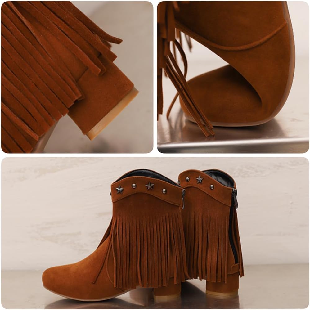 Women Fringe Suede Cowboy Boots Star Studded Western Cowgirl Booties Back Zipper Chunky Block Low Heel Boots Country Festival