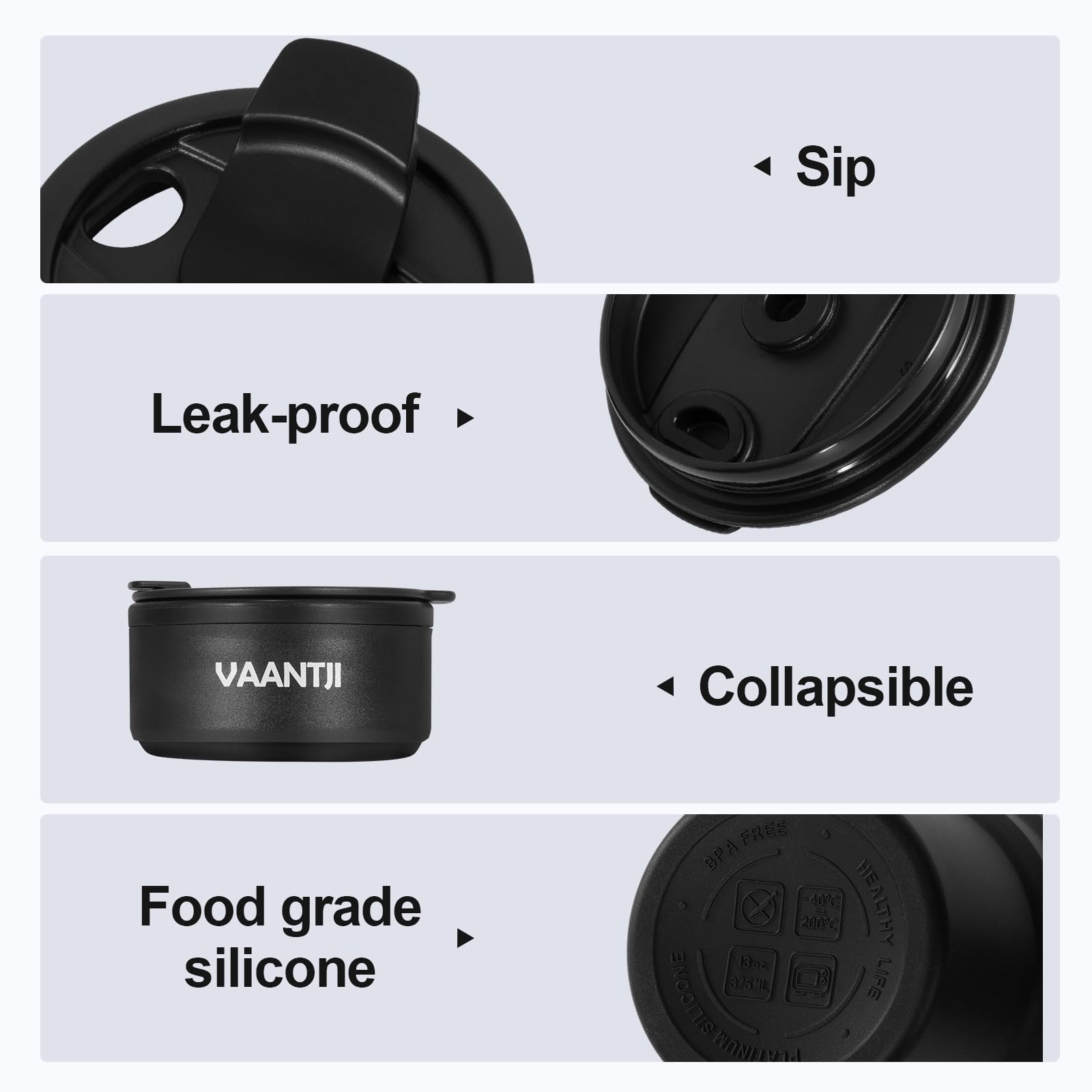 VAANTJI Travel Reusable Silicone Collapsible,13 oz/375 ml,Collapsible Travel Mug,Collapsible Cup for Hot and Cold Drinks (Black)