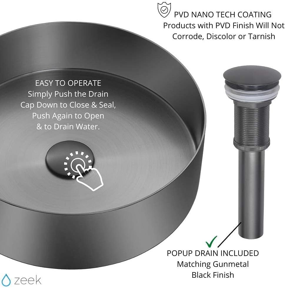 Zeek Stainless Steel Gunmetal Black Bathroom Sink Above Counter Modern Vessel Basin PVD Nano Coating 14 Inch Round Sink With Pop Up Drain